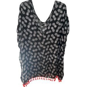 NO BO SWIMWEAR COVER-UP, JUNIORS/WOMENS, 1X( 17)-BLACK/WHITE PINEAPPLE PATTERN